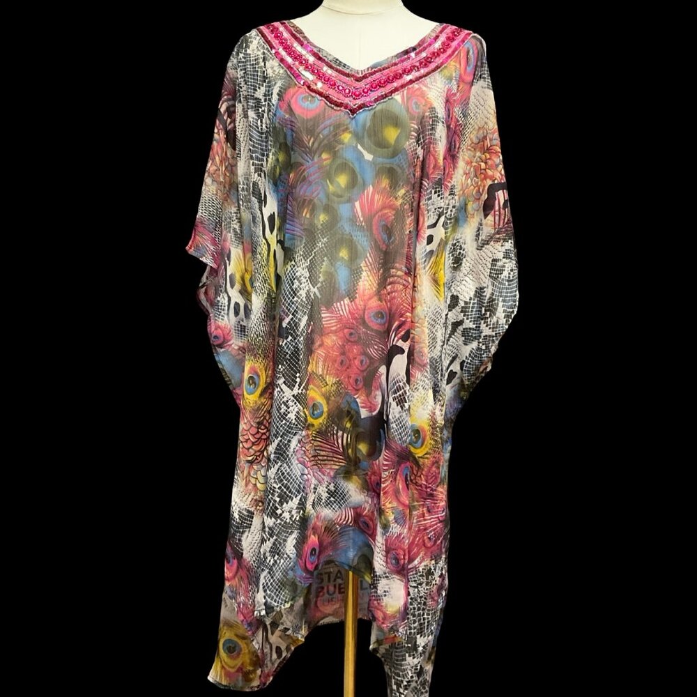 Gorgeous Peacock Feather/Snake Print Pool Cover w/ Embellished Neckline